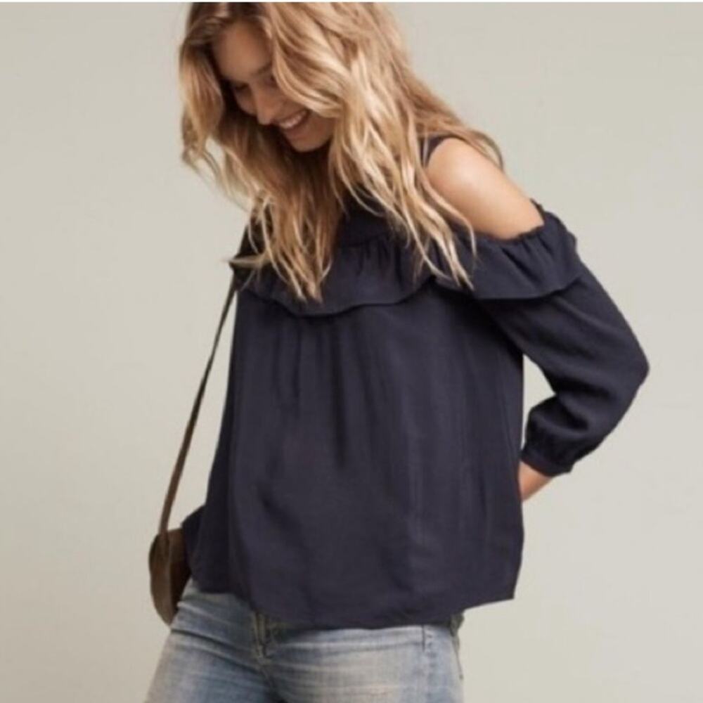 Anthropologie Maeve Brearly Navy Blue Cold Shoulder Long Sleeve Ruffle Blouse